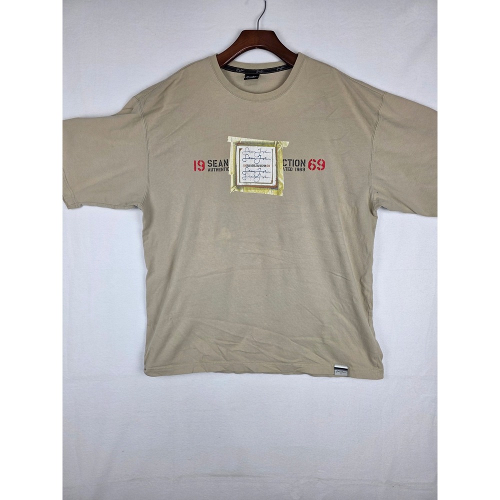 Sean John Mens XL Tan Graphic T-Shirt Short Sleeve Cotton Streetwear 1969 Tee